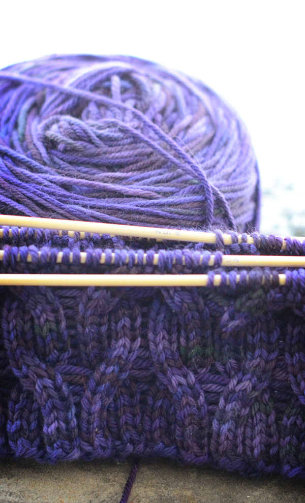 purple knit hat, side a