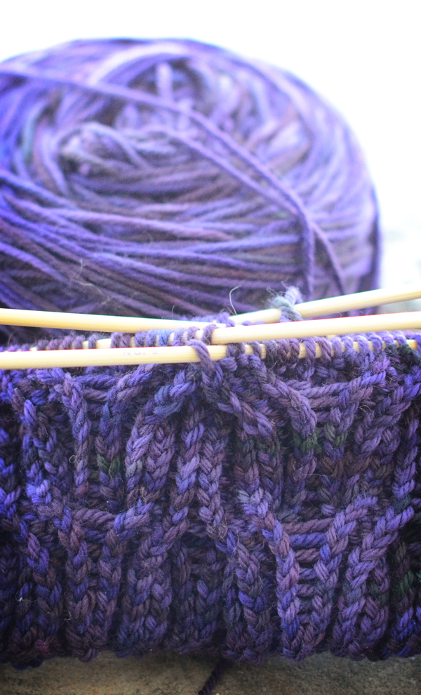 purple knit hat, side b